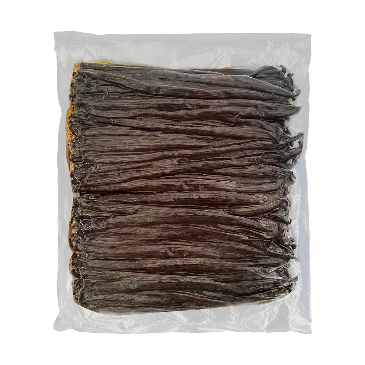 Whole cured vanilla beans vacuum-sealed in a clear pack, photographed flat on white